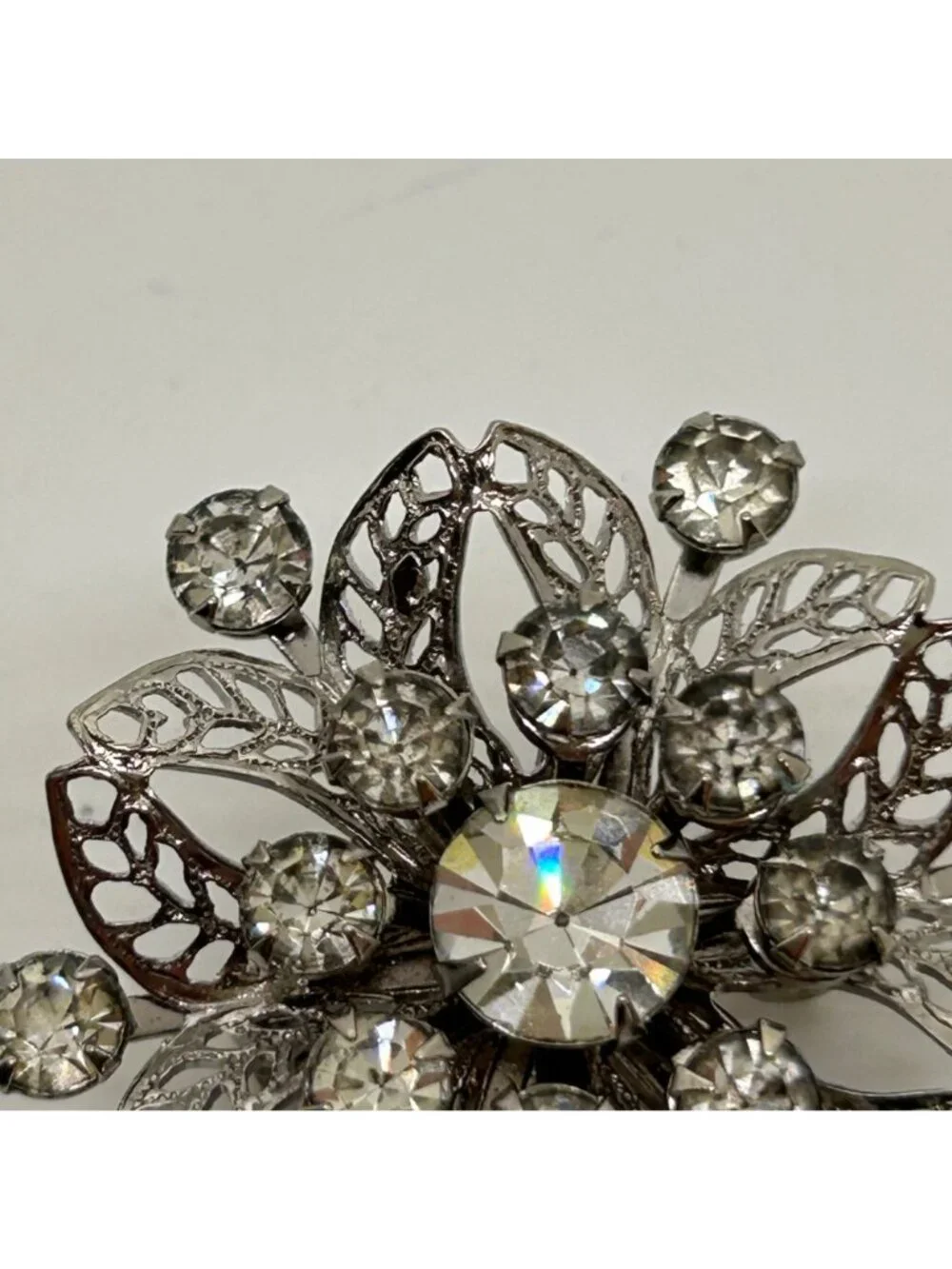Vintage Silver Tone Rhinestone Brooch Pin Clear Crystal Floral Filigree Mid Cent